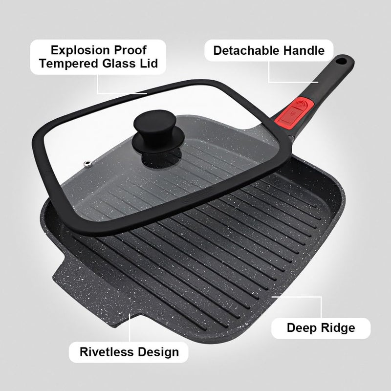 RANX INGST Griddle Pan with Lid, 10 Inch Cast Aluminium Non Stick Grill Pan with Detachable Handle for Induction Hob, Black - Image 2