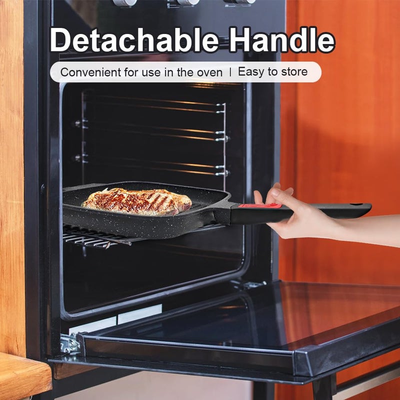 RANX INGST Griddle Pan with Lid, 10 Inch Cast Aluminium Non Stick Grill Pan with Detachable Handle for Induction Hob, Black - Image 4