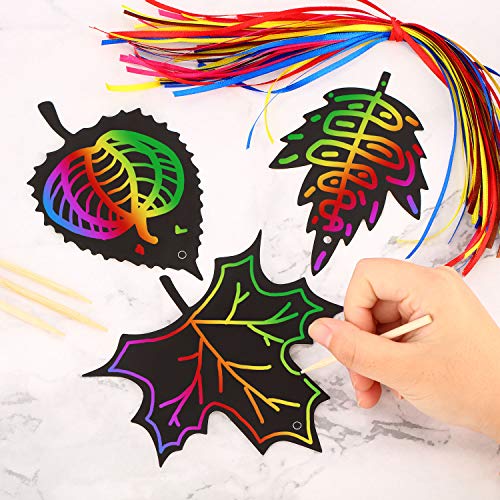 BBTO 50 Pieces Scratch Fall Leaves Colorful Scratch Leaves Paper with Ribbons and Wooden Stylus for Thanksgiving Harvest Party(Black) - Image 3