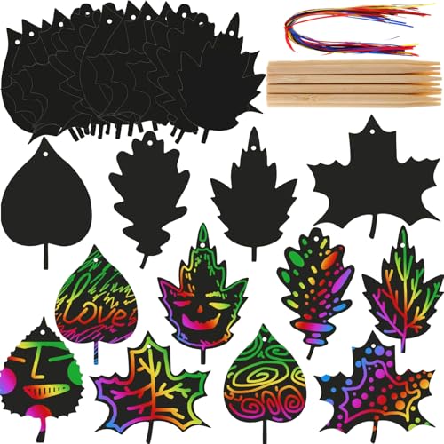 BBTO 50 Pieces Scratch Fall Leaves Colorful Scratch Leaves Paper with Ribbons and Wooden Stylus for Thanksgiving Harvest Party(Black) - Image 1