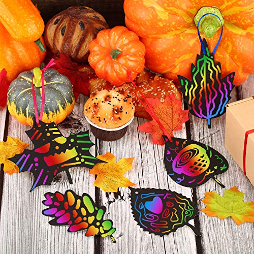 BBTO 50 Pieces Scratch Fall Leaves Colorful Scratch Leaves Paper with Ribbons and Wooden Stylus for Thanksgiving Harvest Party(Black) - Image 4