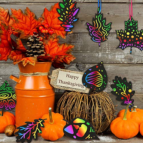 BBTO 50 Pieces Scratch Fall Leaves Colorful Scratch Leaves Paper with Ribbons and Wooden Stylus for Thanksgiving Harvest Party(Black) - Image 5