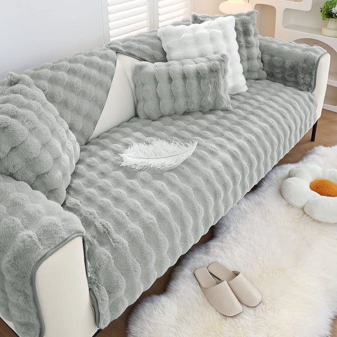Soft Warm Faux Fur Couch Sofa Cover Thick Shaggy Fuzzy Sectional Couch Cover NonSlip Solid Color Plush Sofa Slipcover Furniture Protector for Kids Pets Light Grey28x28