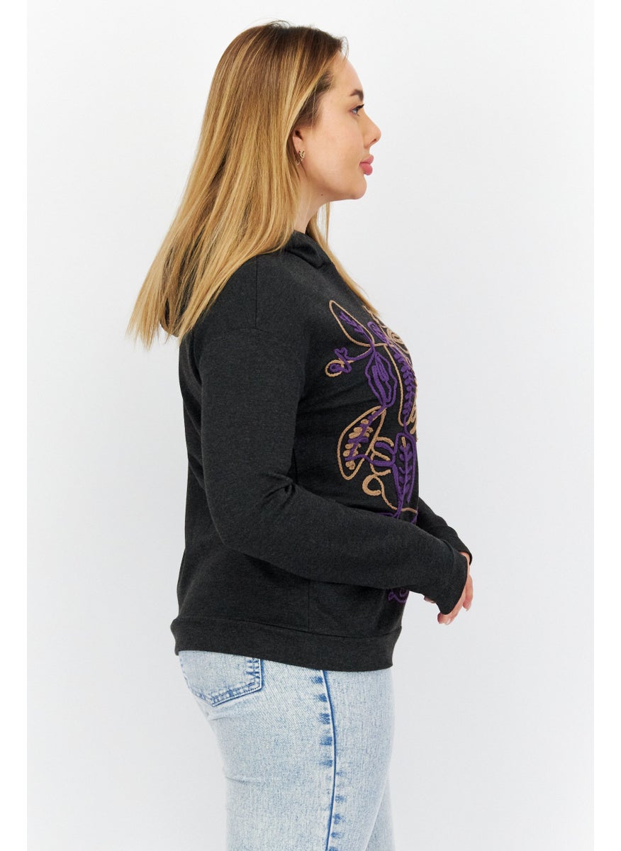 COMMA - Women Hooded Long Sleeves Embroidered Sweatshirts, Black - Image 1