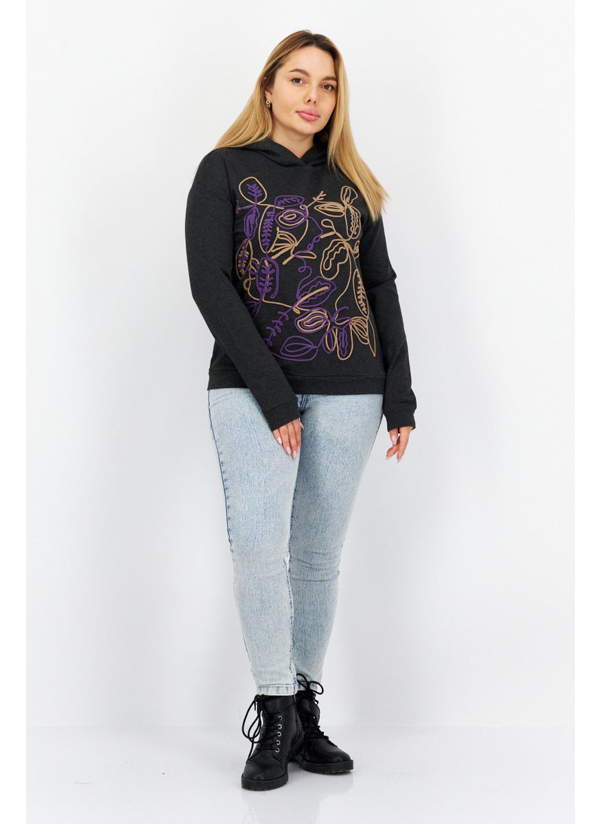 COMMA - Women Hooded Long Sleeves Embroidered Sweatshirts, Black - Image 1