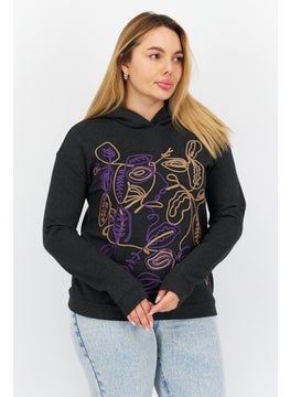 Women Hooded Long Sleeves Embroidered Sweatshirts, Black