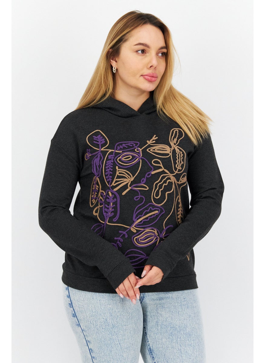 COMMA - Women Hooded Long Sleeves Embroidered Sweatshirts, Black - Image 1