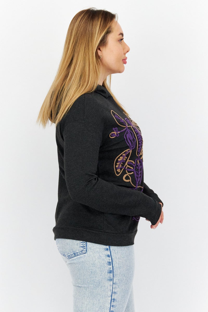 COMMA Women Hooded Long Sleeves Embroidered Sweatshirts, Black - Image 4