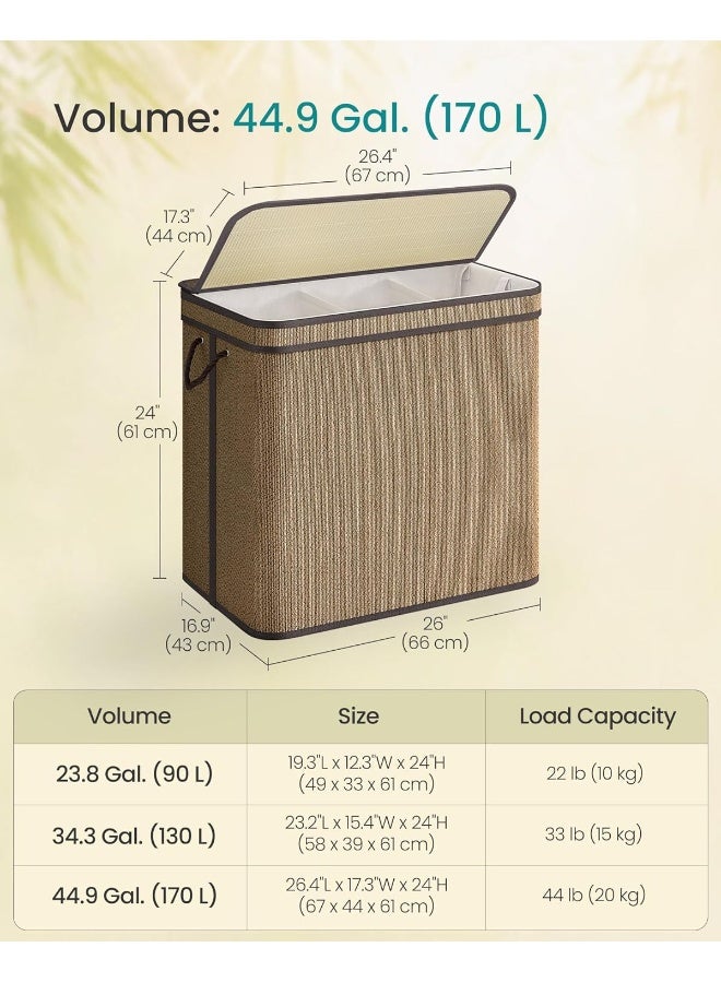 SONGMICS 3-Section Laundry Hamper With Lid, 44.9 Gal (170 L) Large Laundry Basket With 3 Removable Machine Washable Fabric Bag, Bamboo Clothes Hamper, Handles, for Bathroom, Brown - Image 5