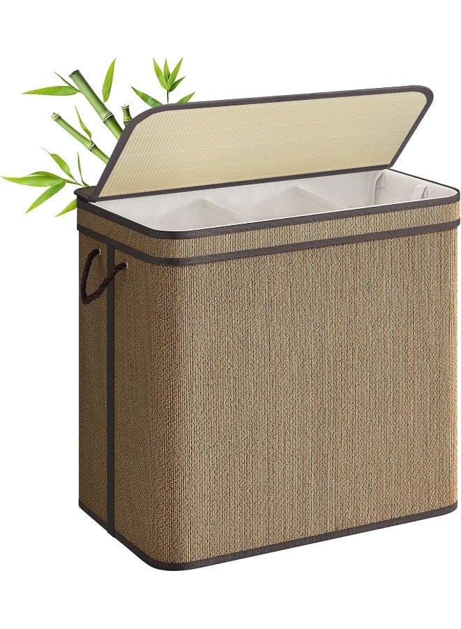 SONGMICS 3-Section Laundry Hamper With Lid, 44.9 Gal (170 L) Large Laundry Basket With 3 Removable Machine Washable Fabric Bag, Bamboo Clothes Hamper, Handles, for Bathroom, Brown - Image 1