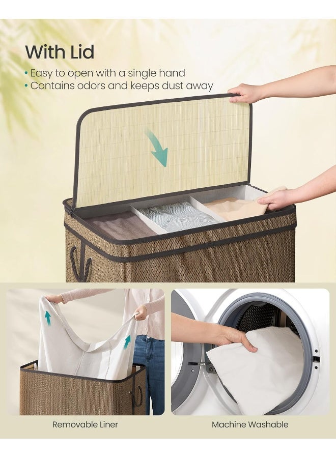 SONGMICS 3-Section Laundry Hamper With Lid, 44.9 Gal (170 L) Large Laundry Basket With 3 Removable Machine Washable Fabric Bag, Bamboo Clothes Hamper, Handles, for Bathroom, Brown - Image 3