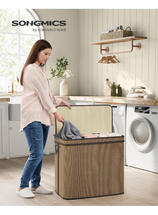 SONGMICS 3-Section Laundry Hamper With Lid, 44.9 Gal (170 L) Large Laundry Basket With 3 Removable Machine Washable Fabric Bag, Bamboo Clothes Hamper, Handles, for Bathroom, Brown - Image 2