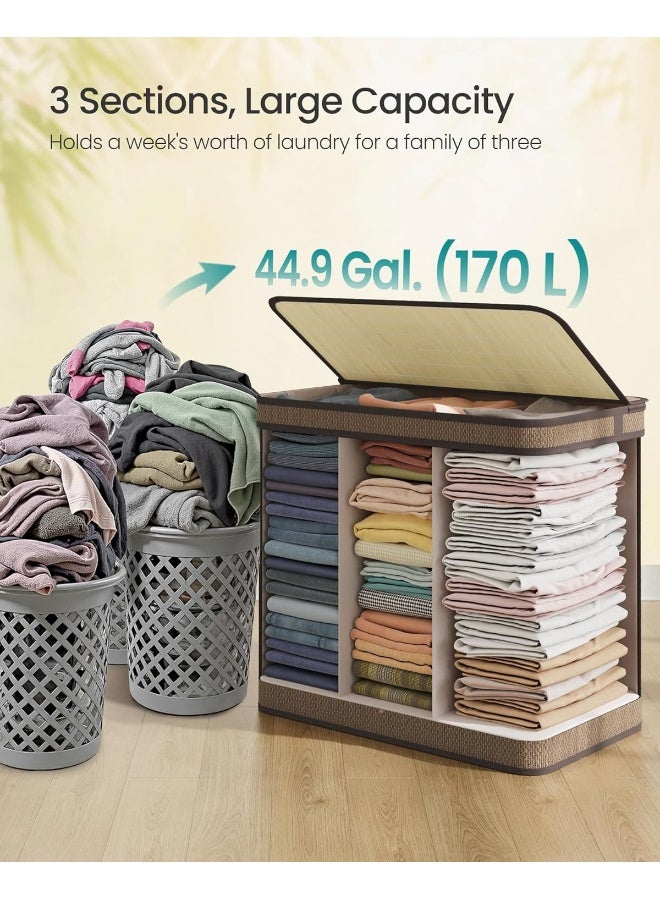 SONGMICS 3-Section Laundry Hamper With Lid, 44.9 Gal (170 L) Large Laundry Basket With 3 Removable Machine Washable Fabric Bag, Bamboo Clothes Hamper, Handles, for Bathroom, Brown - Image 4
