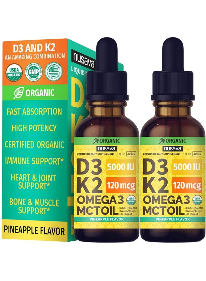 nusava (2 Pack) Organic Vitamin D3 K2 Drops with MCT Oil Omega 3, Maximum Strength Vitamin D Liquid 5000 IU, No Fillers, Non-GMO Liquid D3 for Faster Absorption and Immune Support (Pineapple, 2 Fl Oz) - Image 1