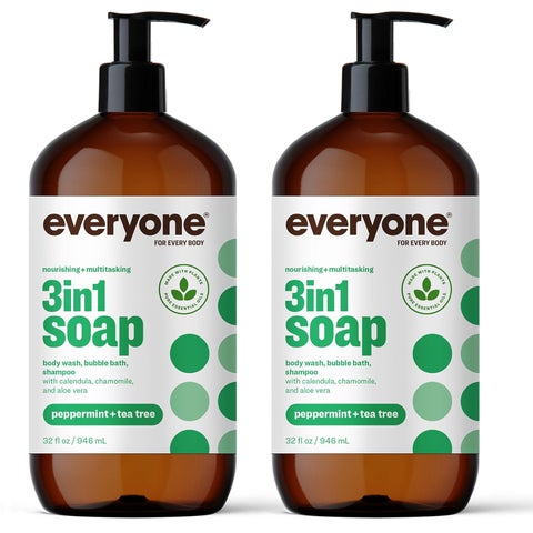 Everyone 3in1 Soap Body Wash Bubble Bath Shampoo 32 Ounce Pack of 2 Peppermint Tea Tree Coconut Cleanser with Organic Plant Extracts and Pure Essential Oils