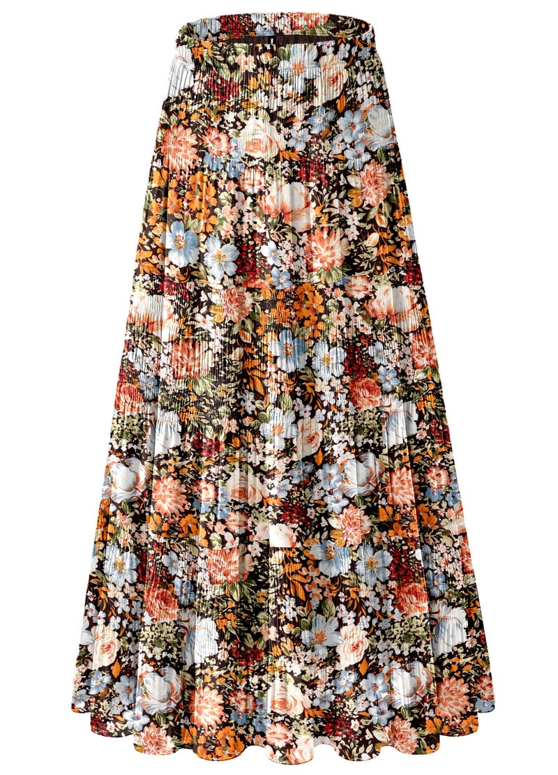 NiPaMi Women's Chiffon White Flowy Maxi Skirt Boho Summer Elastic Waisted Pleated A Line Long Skirts for Women 2026(Coffee Floral-24,XL) - Image 1