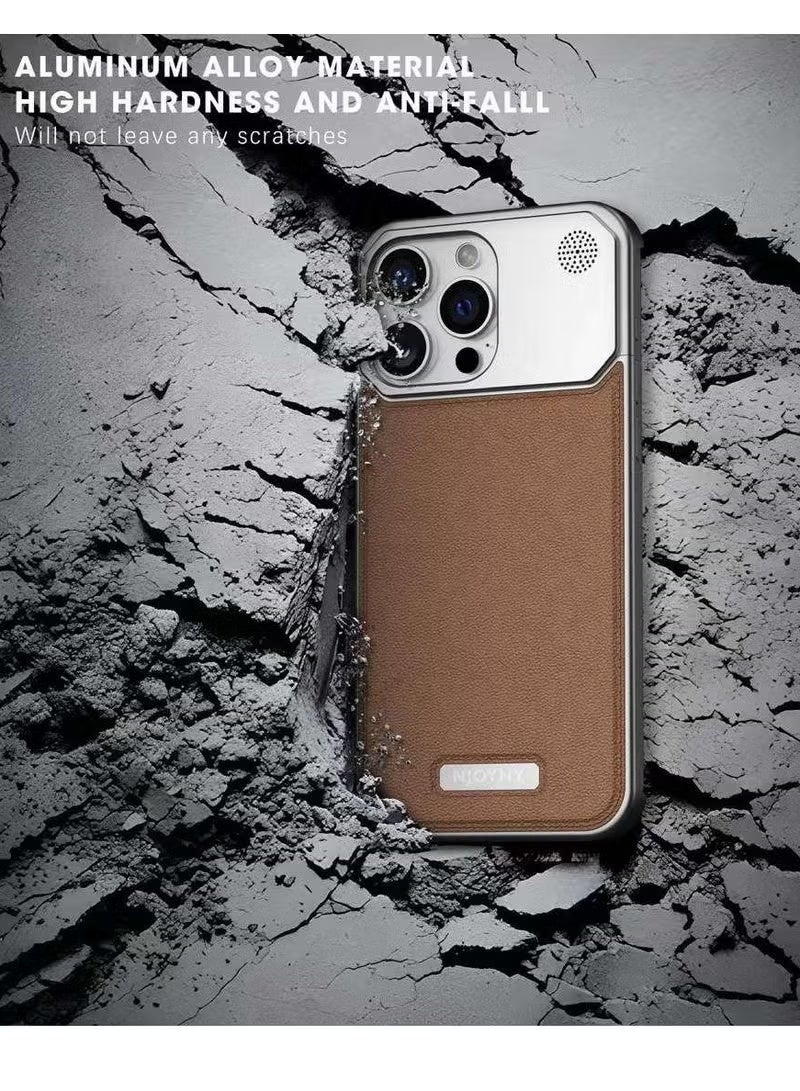 Aviation Aluminum Alloy Leather Case for iPhone 16 Pro Max – Slim Fit, Lightweight Top-Grain Leather, MagSafe Compatible, Built-in Fragrance Diffuser, Titanium Silver/Grey - Image 3