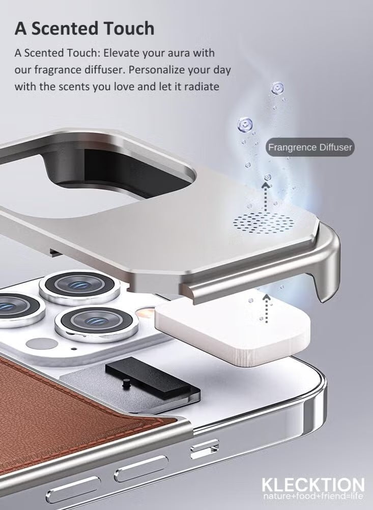 Aviation Aluminum Alloy Leather Case for iPhone 16 Pro Max – Slim Fit, Lightweight Top-Grain Leather, MagSafe Compatible, Built-in Fragrance Diffuser, Titanium Silver/Grey - Image 2