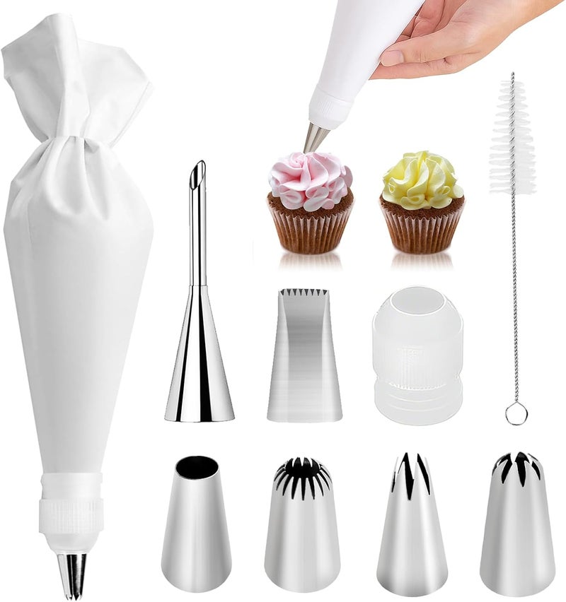 FUGVBB 9-Piece Reusable Piping Bags and Tips Set-16inch Cotton Baking Kit with Coupler, Stainless Steel Nozzles & Cleaner for Cakes/Cupcakes/Cookies Decorating - Image 1