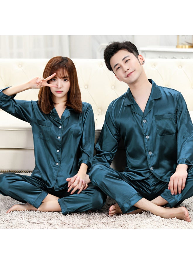 Spring And Autumn Couple's Silk Pajamas Men's And Women's Long-sleeved Two-piece Suit Thin Ice Silk Summer High-end Silk Pajamas