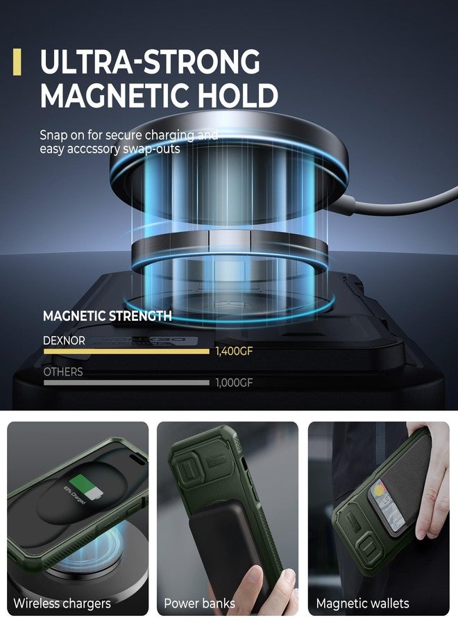 Dexnor for iPhone 15 Plus/14 Plus Case with Slide Camera Cover & Adjustable Kickstand&Built-in Screen Protector,Magsafe Rugged Shockproof Bumper Cases Heavy-duty Magnetic Protective Cover,Army Green - Image 3