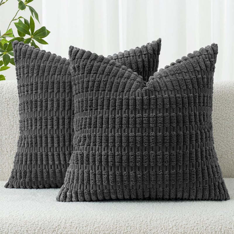 MIULEE Pack of 2 Corduroy Decorative Throw Pillow Covers 24x24 Inch Soft Boho Striped Pillow Covers Modern Farmhouse Home Decor for Sofa Living Room Couch Bed Dark Grey - Image 1