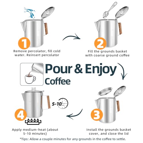 MEREZA Camping Percolator Coffee Pot 12 Cup Stove Top Coffee Percolator Non Electric Coffee Maker Camping Stainless Steel Coffee Pot Outdoors Home No Aluminum & Plastic Fast Brew - Image 2