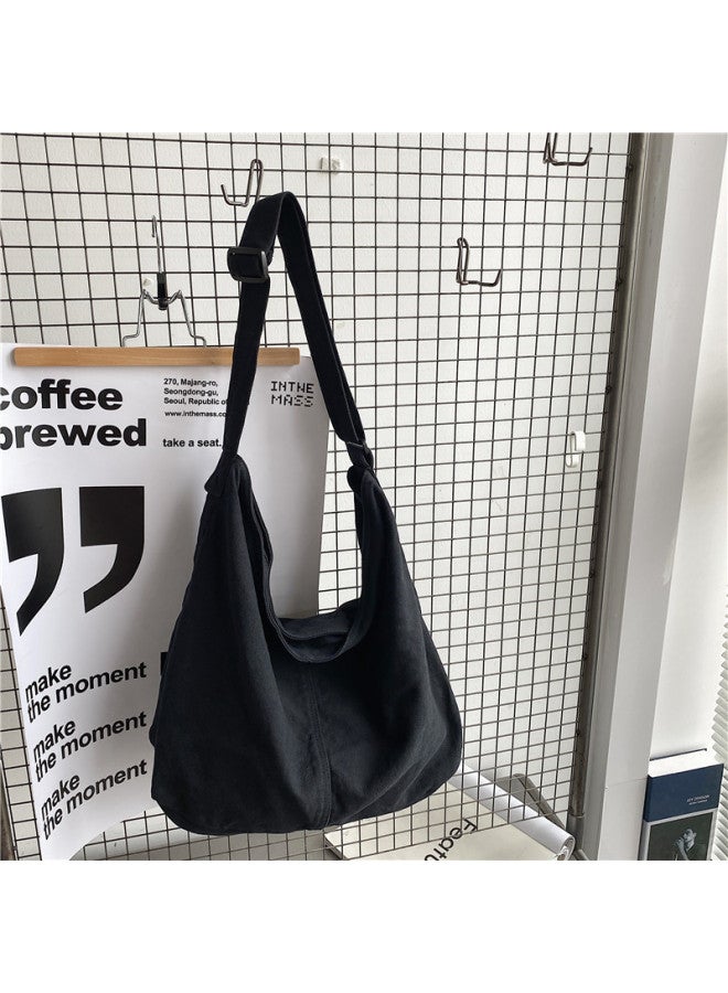 Crossbody Bag Female College Student Class Bag Female Zizi Ins Style Japanese Style Large Capacity Solid Color Canvas Bag Shoulder Bag-Color:Black  - Image 1