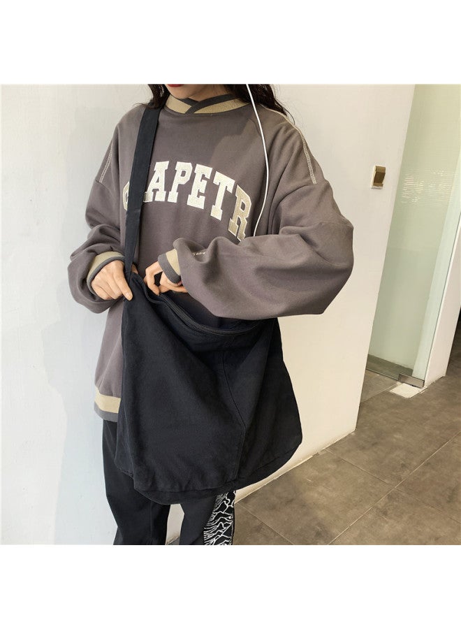 Crossbody Bag Female College Student Class Bag Female Zizi Ins Style Japanese Style Large Capacity Solid Color Canvas Bag Shoulder Bag-Color:Black  - Image 4