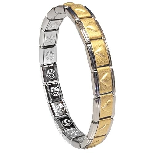 Dolceoro SB-008, Raised 2-Tone Heart Satin Matte Italian Modular Starter Charm Bracelet, 9mm Wide Stainless Steel, 18 Links for Wrist 6-6 3/8" - Image 1