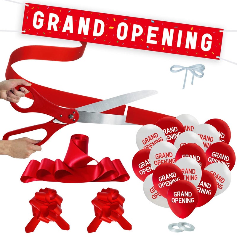 Grand Opening Red Ribbon Cutting Ceremony Kit  25 Giant Scissors with Red Satin Ribbon Banner BalloonsBows and More Supplies Grand Opening Decorations for Business