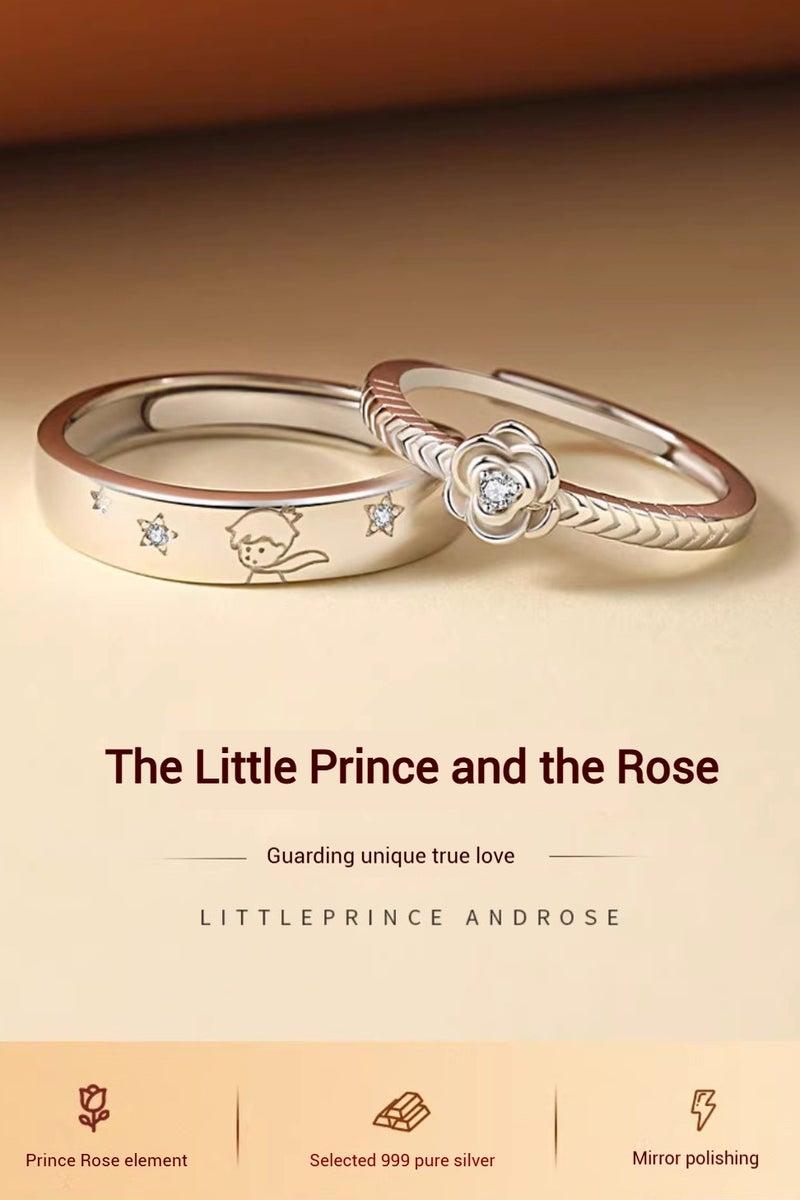 S999 فضة خالصة، خاتم زوجي قابل للتعديل على شكل الأمير الصغير والوردة - Image 1