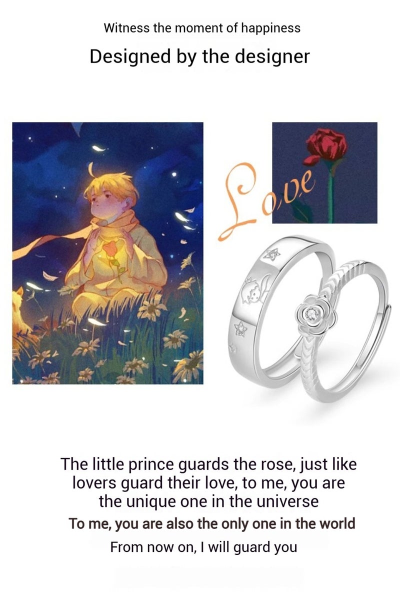 S999 فضة خالصة، خاتم زوجي قابل للتعديل على شكل الأمير الصغير والوردة - Image 2