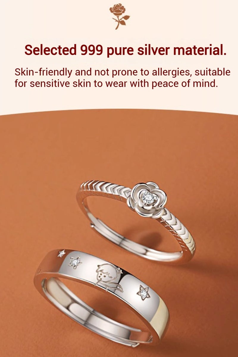 S999 فضة خالصة، خاتم زوجي قابل للتعديل على شكل الأمير الصغير والوردة - Image 3
