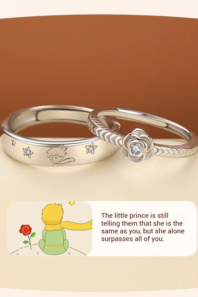 S999 فضة خالصة، خاتم زوجي قابل للتعديل على شكل الأمير الصغير والوردة - Image 5