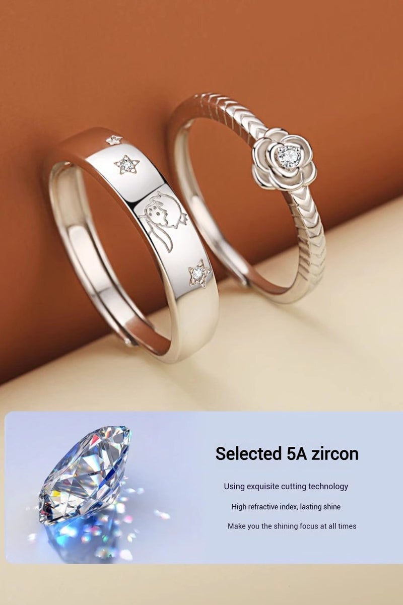 S999 فضة خالصة، خاتم زوجي قابل للتعديل على شكل الأمير الصغير والوردة - Image 4