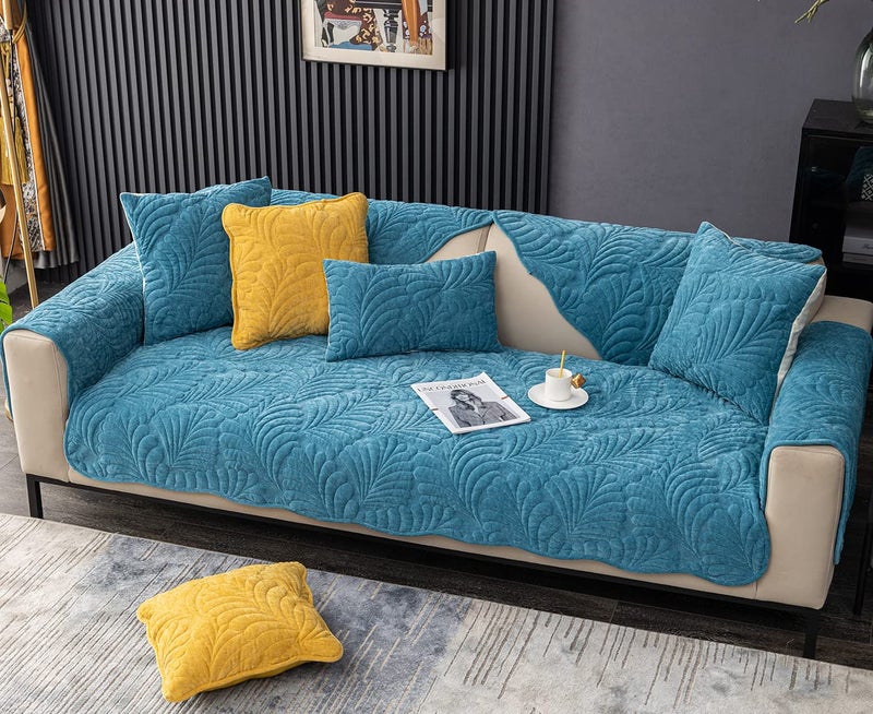 XSlive Palm Leaves Sofa Couch Cover Chenille Plush Quilted Sectional Couch Cover 1-Piece Non Slip Soft Sofa Slipcover Furniture Protector for Pets Kids Children Dog Cat (Blue,28"x28") - Image 4