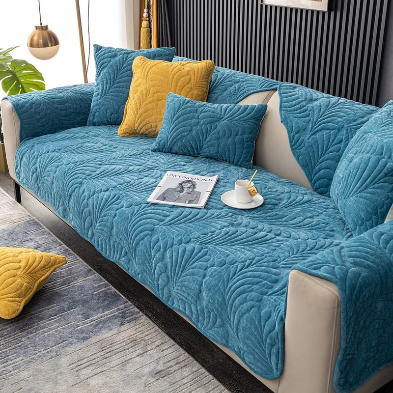 XSlive Palm Leaves Sofa Couch Cover Chenille Plush Quilted Sectional Couch Cover 1-Piece Non Slip Soft Sofa Slipcover Furniture Protector for Pets Kids Children Dog Cat (Blue,28"x28") - Image 5