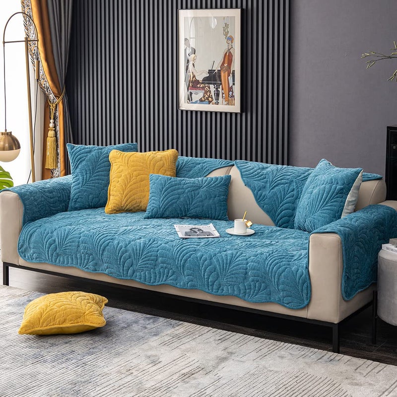 XSlive Palm Leaves Sofa Couch Cover Chenille Plush Quilted Sectional Couch Cover 1-Piece Non Slip Soft Sofa Slipcover Furniture Protector for Pets Kids Children Dog Cat (Blue,28"x28") - Image 3