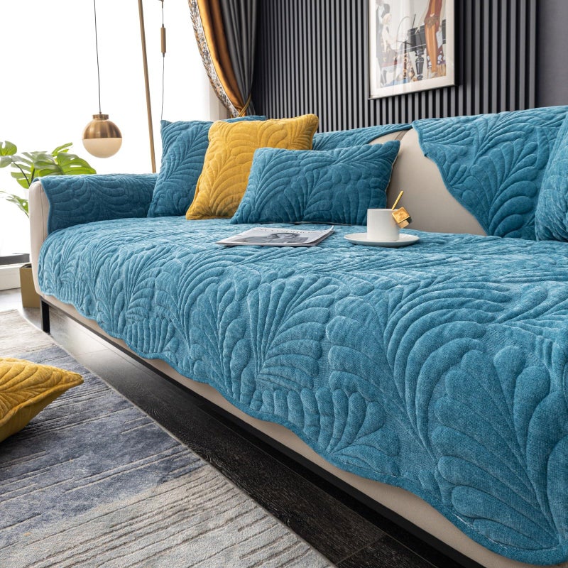 XSlive Palm Leaves Sofa Couch Cover Chenille Plush Quilted Sectional Couch Cover 1-Piece Non Slip Soft Sofa Slipcover Furniture Protector for Pets Kids Children Dog Cat (Blue,28"x28") - Image 1