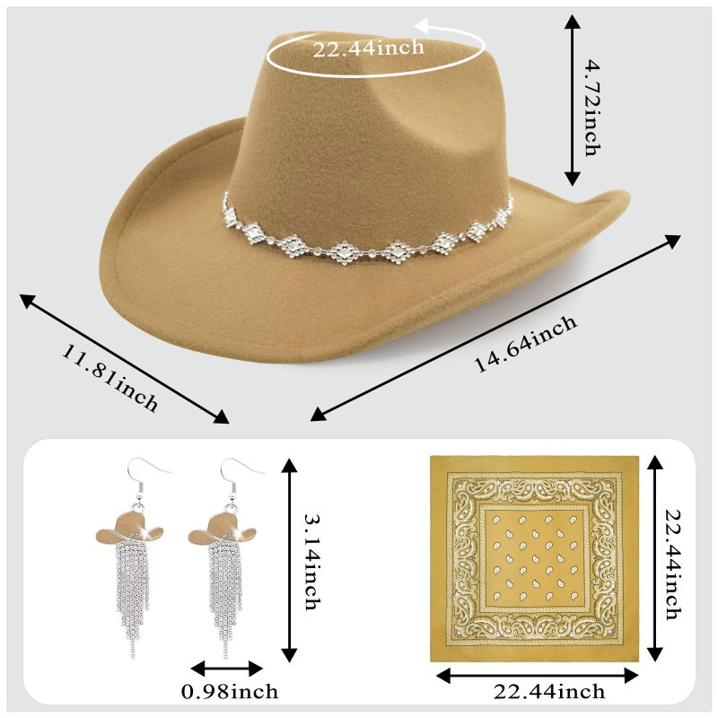JIANGLAI Western Cowgirl Hat for Women Men, Fedora Wide Brim Rhinestone Cowboy Hat with Bandana and Cowgirl Tassels Earrings (Camel, One Size) - Image 2
