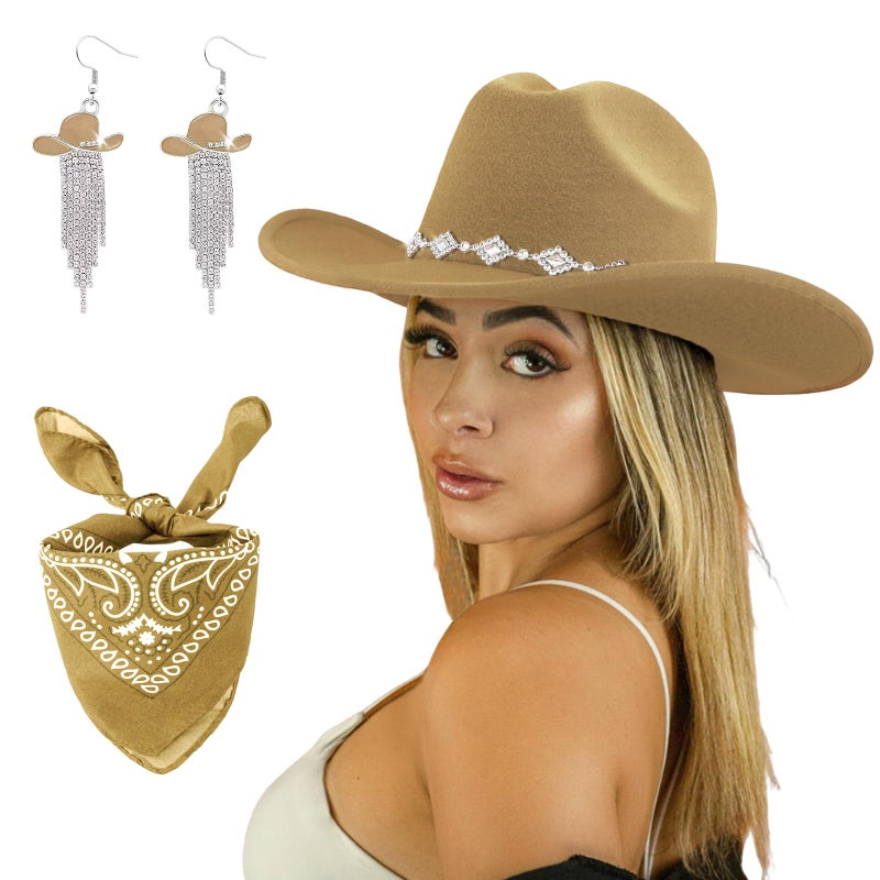 JIANGLAI Western Cowgirl Hat for Women Men, Fedora Wide Brim Rhinestone Cowboy Hat with Bandana and Cowgirl Tassels Earrings (Camel, One Size) - Image 1