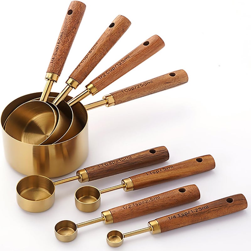 Dadamong Measuring Cups and Spoons Set of 8, Stainless Steel Gold Measuring Cups Kit with Wooden Handle, Kitchen Cooking Baking Spoons Tool Set for Solid and Liquid Iingredients - Image 1