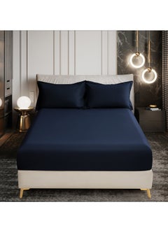 Donetella Bedding Fitted Sheet 2-Pcs Twin Size Solid Bed Sheet Set Fits(120x200CM) With Pillowcases And 30 CM Extra Deep Brushed Microfiber Bed Sheet,Navy  - Image 1