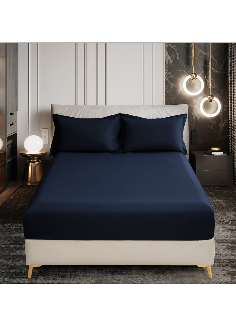 Donetella - Bedding Fitted Sheet 2-Pcs Twin Size Solid Bed Sheet Set Fits(120x200CM) With Pillowcases And 30 CM Extra Deep Brushed Microfiber Bed Sheet,Navy - Image 1
