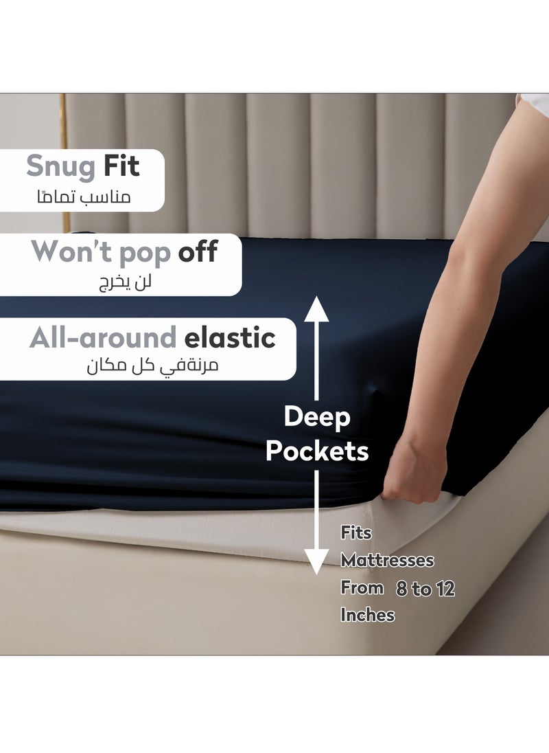 Donetella - Bedding Fitted Sheet 2-Pcs Twin Size Solid Bed Sheet Set Fits(120x200CM) With Pillowcases And 30 CM Extra Deep Brushed Microfiber Bed Sheet,Navy - Image 1