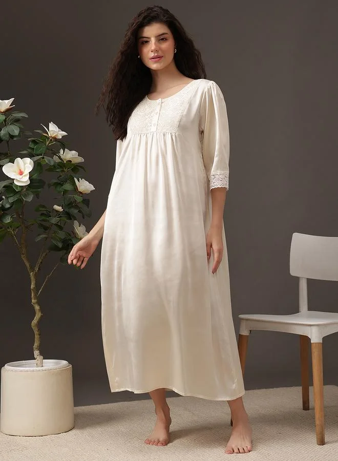 Clovia Women White Satin Nightdress with Lace Trim