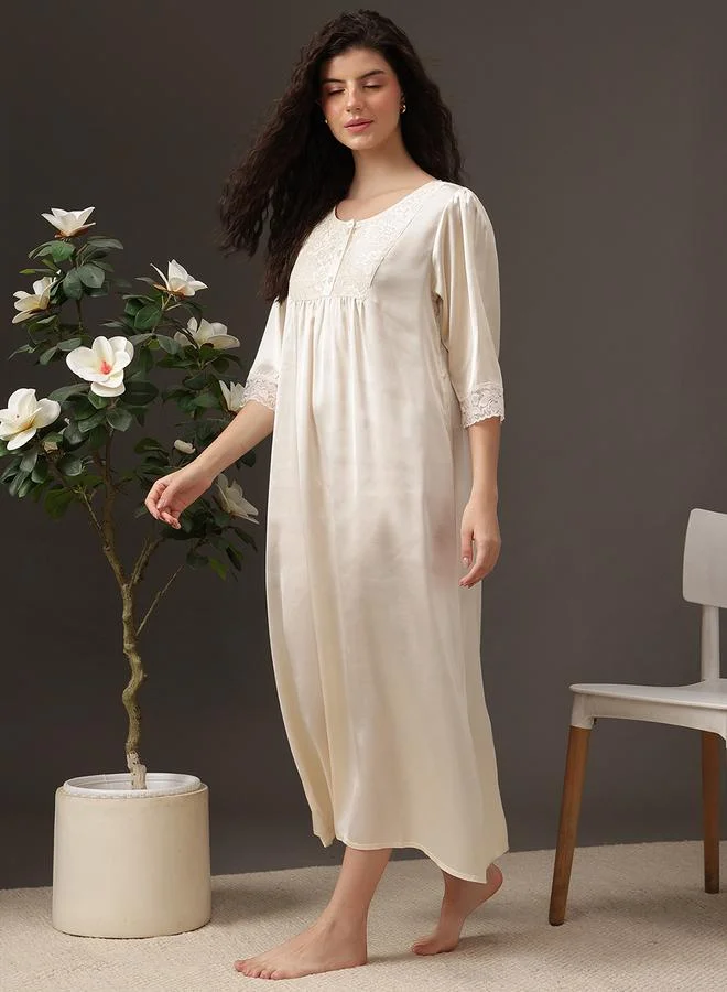 Clovia Women White Satin Nightdress with Lace Trim