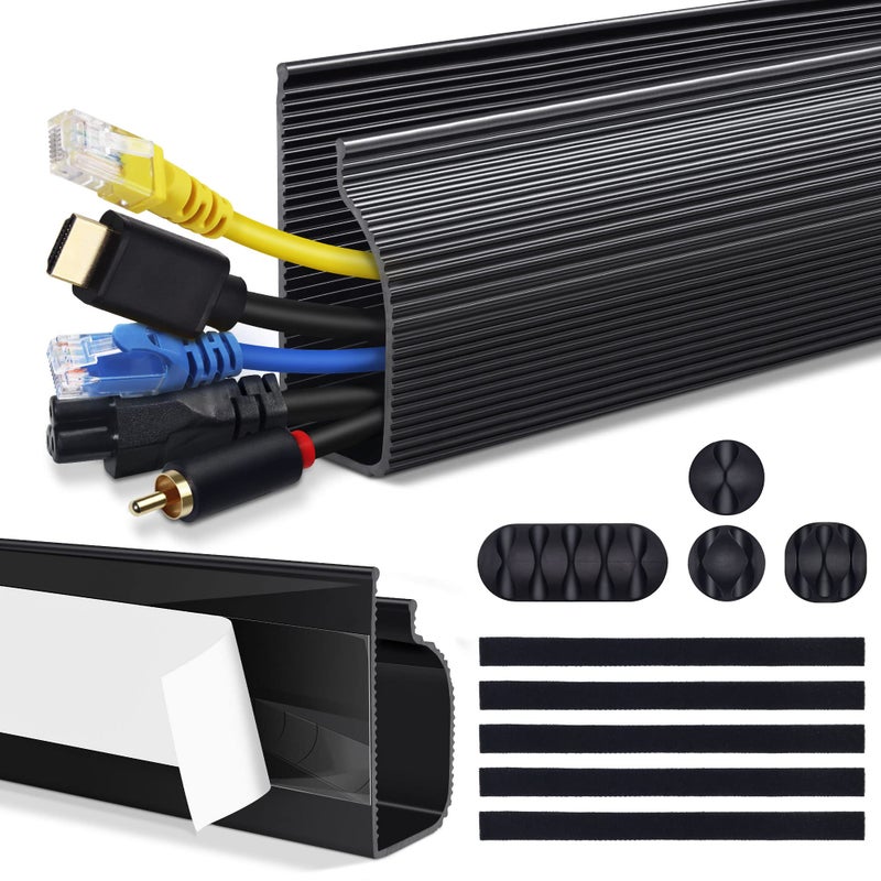 ZhiYo Cable Management Under Desk (31.5in J Channel 2x15.7in) Self Adhesive Cable Raceways Channel, Easy to Install Cord Cover Hider Desk Cord Organizer Electrical Black - Image 1