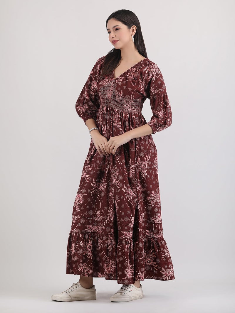 Arayna Women's Casual Long Maxi Dress for Summer Wear, Urban Bohemian Floral Printed V Neck Smocked Outfit - Burgundy Wine, Small - Image 3